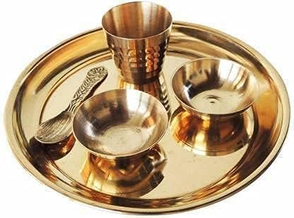 SHREE AASHIRWAD Brass Pooja Thali Set | 5-Piece Traditional Bhog Plate with Spoon, Glass & 2 Katoris | Ideal for Home, Office, and Temple