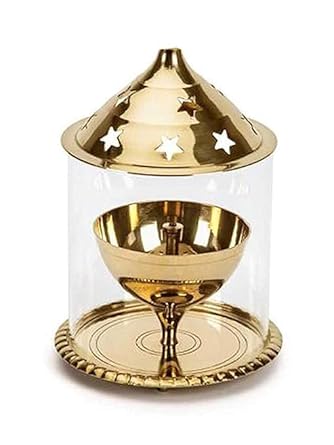 SHREE AASHIRWAD Big Size Brass Akhand Diya for Puja with Glass Cover - 8 inches Large Pooja Jyoti Diyas , Decorative Camphor & Oil Wick Holder (Gold & White)