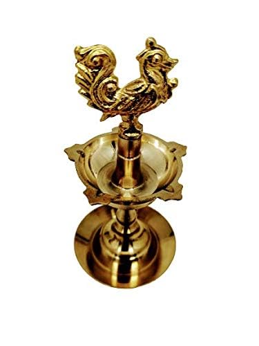 SHREE AASHIRWAD Brass Kuthu Vilakku Traditional Oil Lamp, 5 Wicks, Peacock Design, 11.5 cm Height, Gold