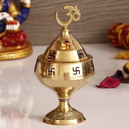 SHREE AASHIRWAD Brass Akhand Diya with Om Symbol, Golden, Temple Puja Room Decor