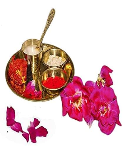 SHREE AASHIRWAD Brass Pooja Thali Set | 5-Piece Traditional Bhog Plate with Spoon, Glass & 2 Katoris | Ideal for Home, Office, and Temple