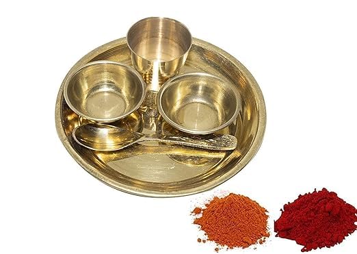 SHREE AASHIRWAD Brass Pooja Thali Set | 5-Piece Traditional Bhog Plate with Spoon, Glass & 2 Katoris | Ideal for Home, Office, and Temple