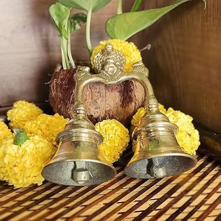 SHREE AASHIRWAD Brass Hand Held Pooja Double Bell with Nandi Sitting on Top | Puja Ghanti for Home and Temple