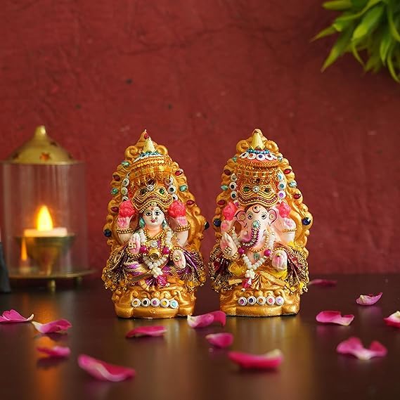 SHREE AASHIRWAD Decorative Ganesha and Laxmi Idols with Intricate Designs, Set of 2