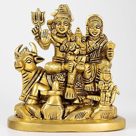 SHREE AASHIRWAD Brass Sculpture Lord Shiva Parvati Kartikeya and Ganesha Murti Family Sitting On Nandi Parivar Idol Statue for Home Décor Mandir Temple Gift Showpiece Gold Figurine | 15 cm Height