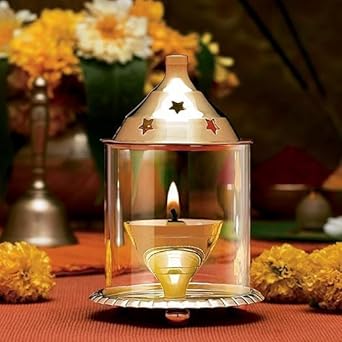 SHREE AASHIRWAD Big Size Brass Akhand Diya for Puja with Glass Cover - 8 inches Large Pooja Jyoti Diyas , Decorative Camphor & Oil Wick Holder (Gold & White)
