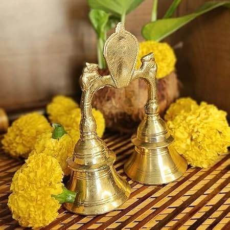 SHREE AASHIRWAD Brass Hand Held Pooja Double Bell with Nandi Sitting on Top | Puja Ghanti for Home and Temple
