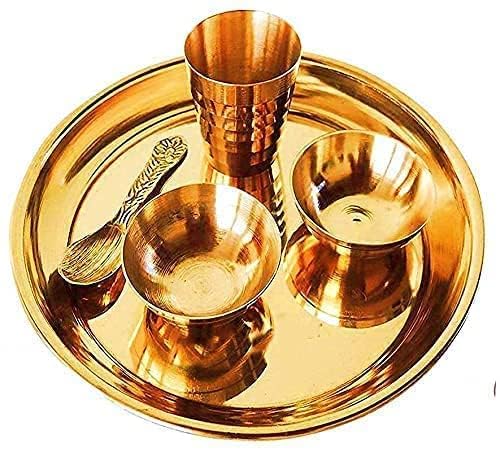 SHREE AASHIRWAD Brass Pooja Thali Set | 5-Piece Traditional Bhog Plate with Spoon, Glass & 2 Katoris | Ideal for Home, Office, and Temple