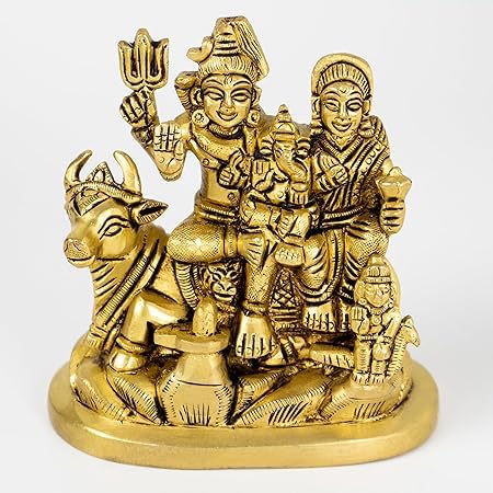 SHREE AASHIRWAD Brass Sculpture Lord Shiva Parvati Kartikeya and Ganesha Murti Family Sitting On Nandi Parivar Idol Statue for Home Décor Mandir Temple Gift Showpiece Gold Figurine | 15 cm Height