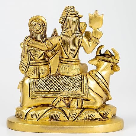 SHREE AASHIRWAD Brass Sculpture Lord Shiva Parvati Kartikeya and Ganesha Murti Family Sitting On Nandi Parivar Idol Statue for Home Décor Mandir Temple Gift Showpiece Gold Figurine | 15 cm Height