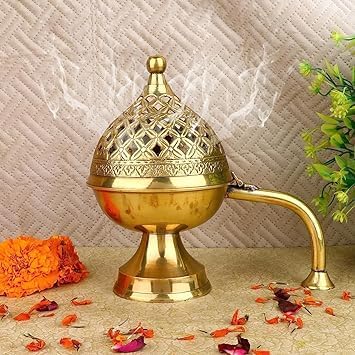 SHREE AASHIRWAD Gallery Home Purifying Brass Dhuna Loban Cylindrical Burner Dhooni Dhoop Dani Dhuni Brass Incense Burner Big Size