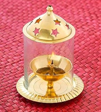 SHREE AASHIRWAD Big Size Brass Akhand Diya for Puja with Glass Cover - 8 inches Large Pooja Jyoti Diyas , Decorative Camphor & Oil Wick Holder (Gold & White)