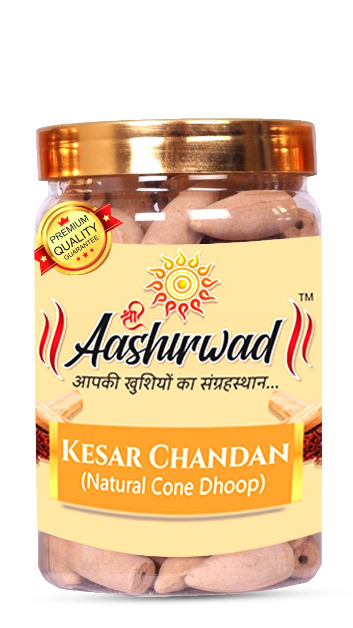 SHREE AASHIRWAD Kesar Chandan Natural Cone | Organic Dhoop | 100 Gm | for Pooja House Temple | Good Fragrance Natural Herbal Batti