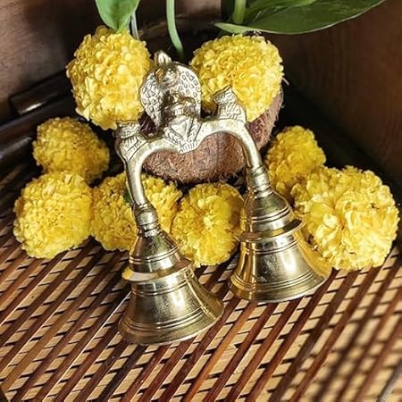 SHREE AASHIRWAD Brass Hand Held Pooja Double Bell with Nandi Sitting on Top | Puja Ghanti for Home and Temple