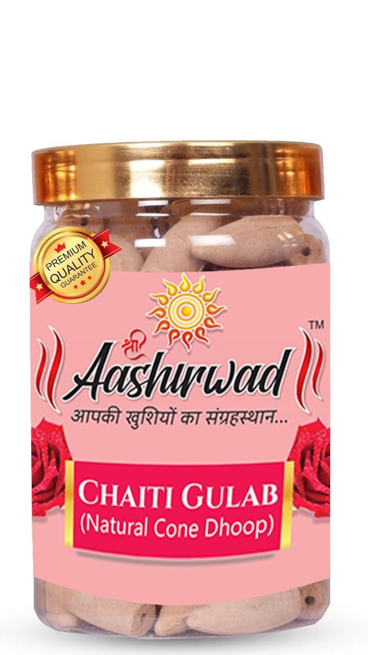 SHREE AASHIRWAD Chaiti Gulab Natural Cone | Organic Dhoop | 100 Gm | for Pooja House Temple | Good Fragrance | Natural Herbal Batti